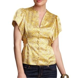 Vertigo Paris Yellow Patterned Blouse Silky w Waist Tie Ruffle Sleeve